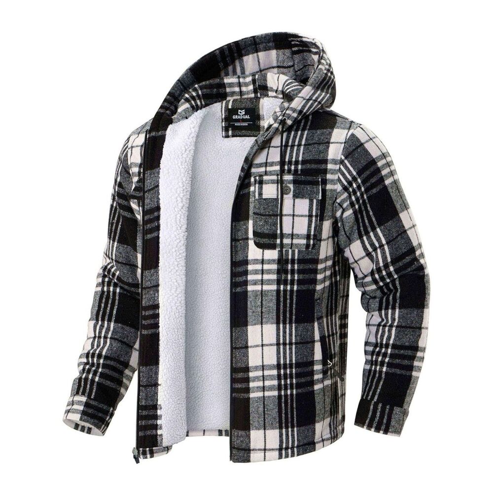 New Size Lg‎ Men's Flannel Fleece Sherpa Lined Hoodies Zip Up Plaid Shirt Jacket
